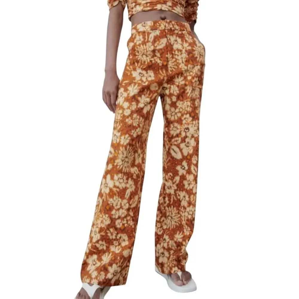 Zara Linen Wide Leg Floral Pants S Bohemian Burnt Orange Womens Trouser